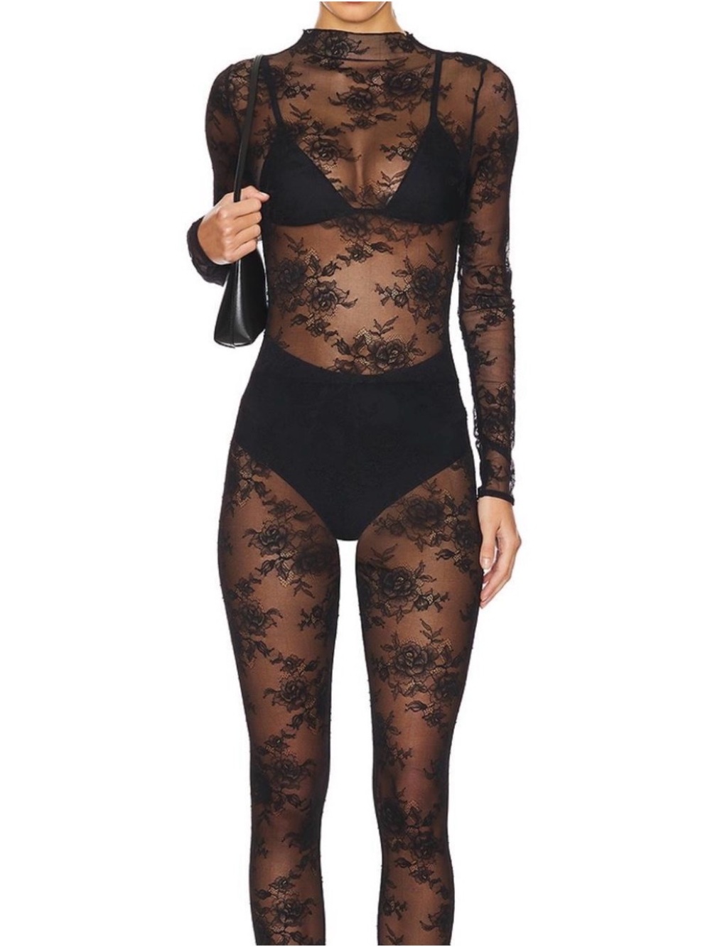 NBD Amalia Sheer Lace Floral Black Bodysuit